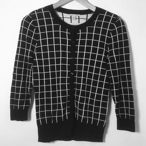 Halogen navy white windowpane knit cardigan sweater